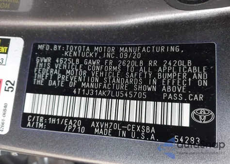 2020 Toyota Camry Se Hybrid from USA, damaged, VIN 4T1J31AK7LU545705